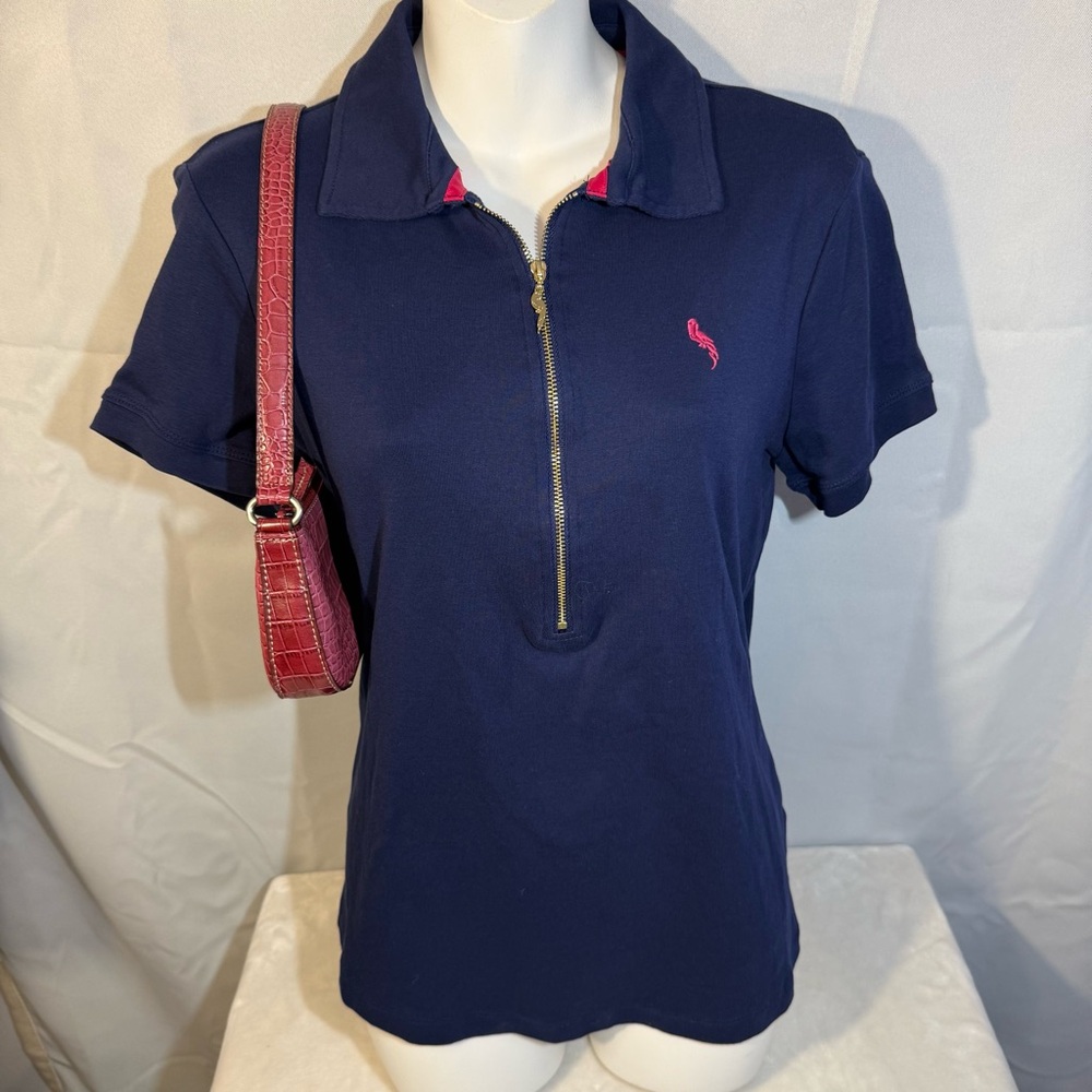 Cappagallo‎ Navy Half Zip Polo Top Parrot Zipper Short Sleeve M